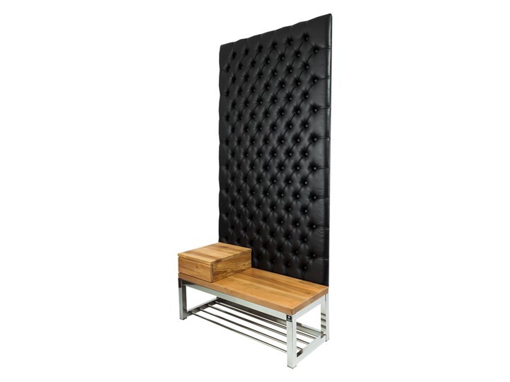 Ławka Metalowa z Panelem Ściennym Pikowanym Czarna Ekoskóra Siedzisko Drewno Lite LPPK-64 Rozmiary od 50 cm do 100 cm Pikowana Pomieszczenie Sypialnia