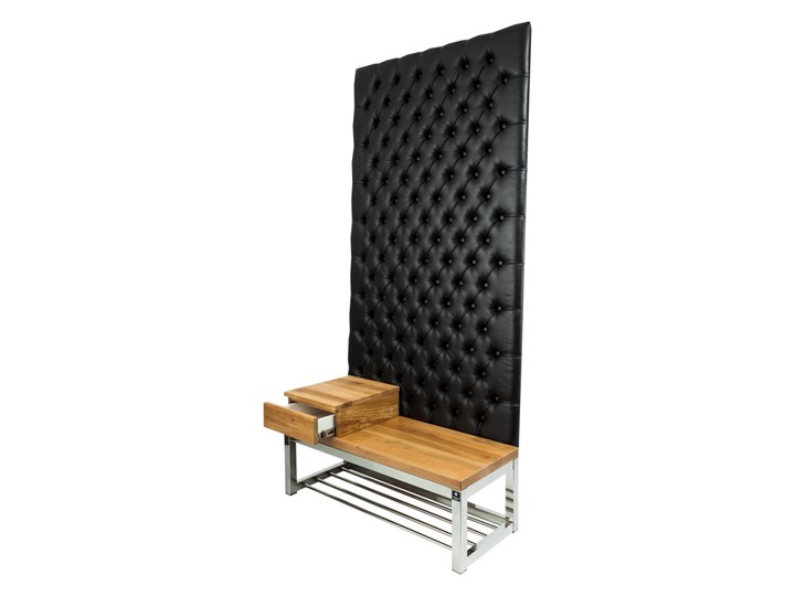 Ławka Metalowa z Panelem Ściennym Pikowanym Czarna Ekoskóra Siedzisko Drewno Lite LPPK-64 Rozmiary od 50 cm do 100 cm Pikowana Pomieszczenie Garderoba
