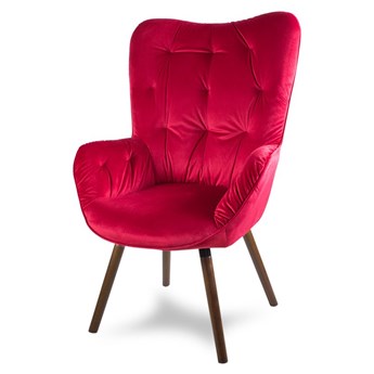 Fotel uszak welur na ciemnych drewnianych nogach wenge skandynawski do salonu czerwony F905R