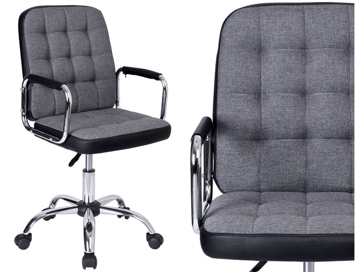 Fotel obrotowy Karlos szaro-czarny Wysokość 102 cm Głębokość 60 cm Fotel pikowany Kategoria Fotele do salonu Wysokość 92 cm Metal Skóra ekologiczna Tkanina Szerokość 54 cm Styl Glamour