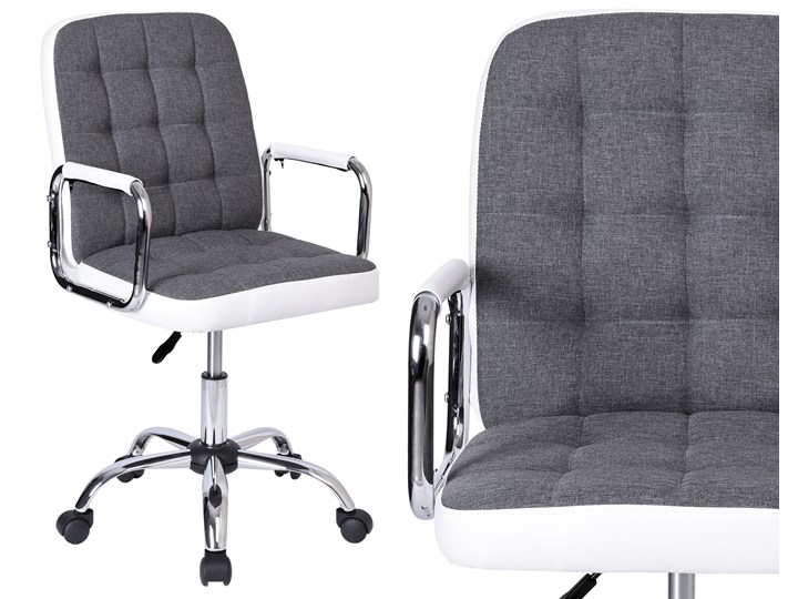 Fotel obrotowy Karlos biało-szary Skóra ekologiczna Tkanina Metal Wysokość 102 cm Fotel pikowany Szerokość 54 cm Styl Glamour Wysokość 92 cm Głębokość 60 cm Styl Nowoczesny