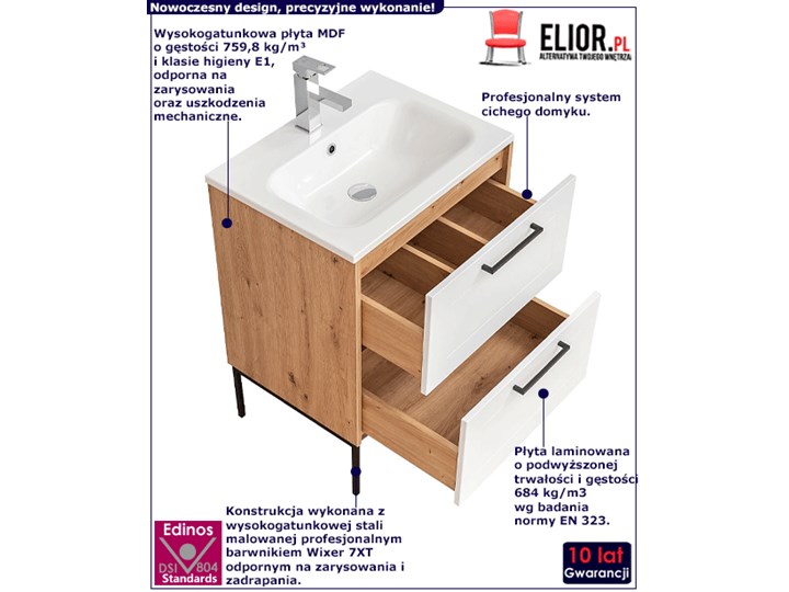 Biała stojąca szafka pod umywalkę - Saloma 3X 60 cm Głębokość 46 cm Wysokość 61 cm Stojące Kategoria Szafki stojące