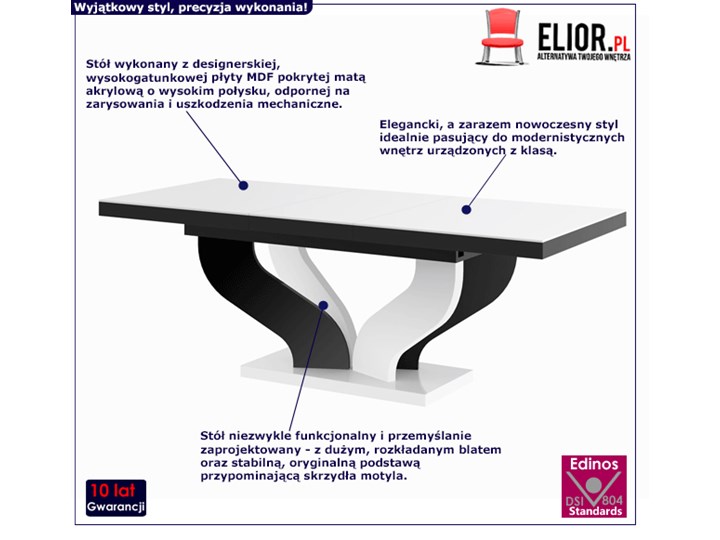Rozkładany stół biało - czarny połysk - Tutto Szerokość 89 cm Wysokość 75 cm Kształt blatu Prostokątny