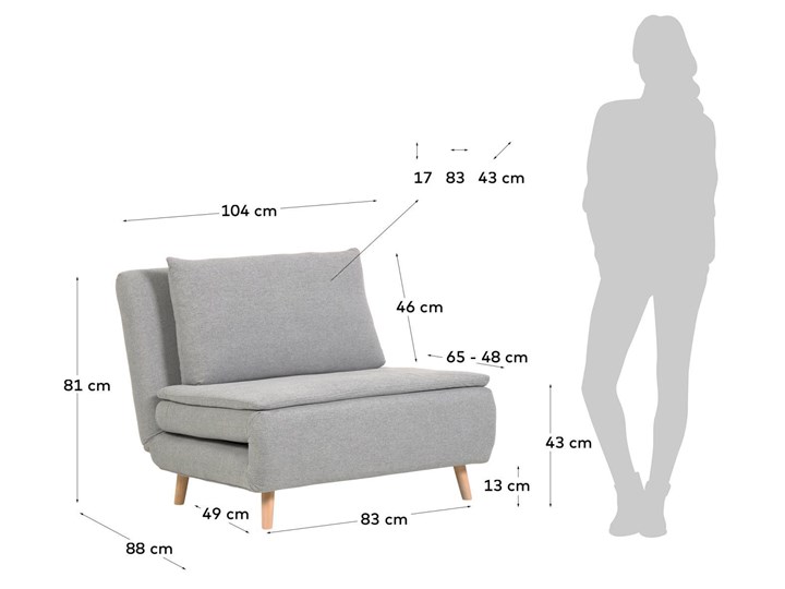 Sofa rozkładana Khina 104 cm jasnoszara Amerykanka Boki Bez boków