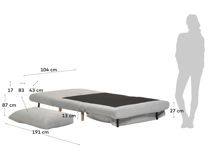 Sofa rozkładana Khina 104 cm jasnoszara Amerykanka Boki Bez boków