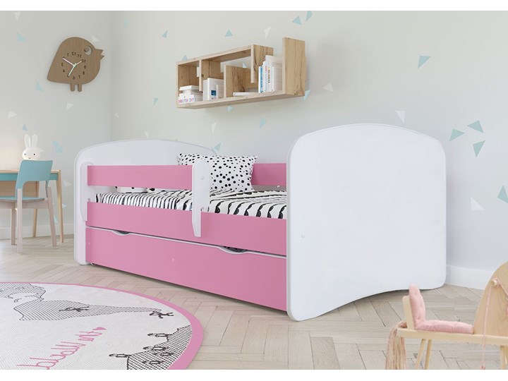 Łóżko dla dziewczynki z materacem Happy 2X 70x140 - różowe Z szufladą Kolor Biały Z barierką Płyta meblowa Pojedyncze Kolor Różowy