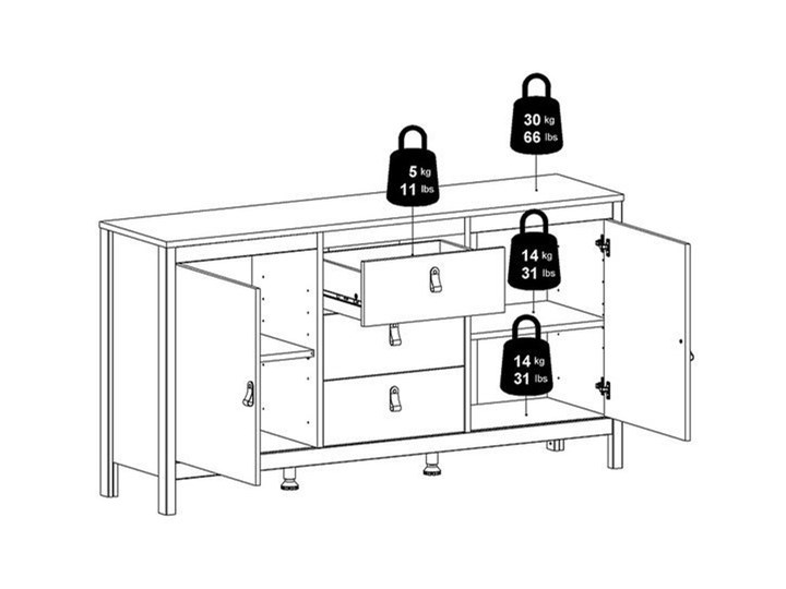 Komoda pokojowa w kolorze czarnym Madrid 3+2 Płyta MDF Wysokość 80 cm Szerokość 151 cm Z witrynami Głębokość 38 cm Pomieszczenie Salon Styl Prowansalski