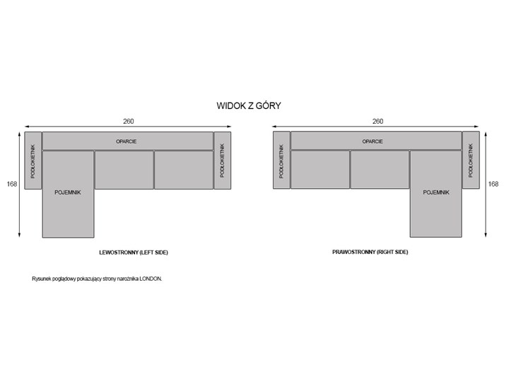 NOWOCZESNY NAROŻNIK DO SALONU - LONDON - KOLORY DO WYBORU PRAWY/LEWY Wysokość 86 cm Szerokość 260 cm Głębokość 260 cm Prawostronne Lewostronne Funkcje Z szezlongiem