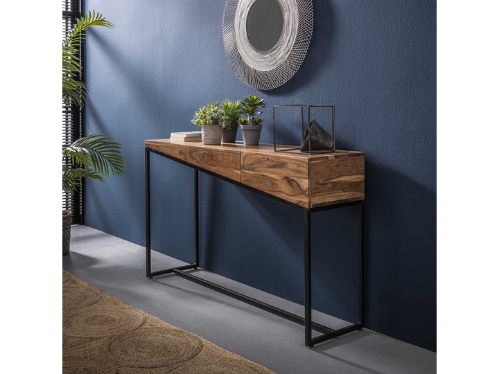 Konsola drewniana industrialna z szufladami 120x35cm Kształt blatu Prostokątny Głębokość 35 cm Stojąca Szerokość 120 cm Kolor Brązowy