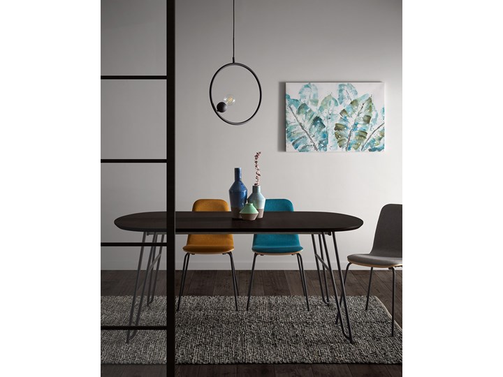 Stół rozkładany brązowy fornirowany blat czarne metalowe nogi 140-220x90 cm Wysokość 75 cm Kształt blatu Owalny Płyta MDF Płyta fornirowana Drewno Stal Długość(n) 140 cm