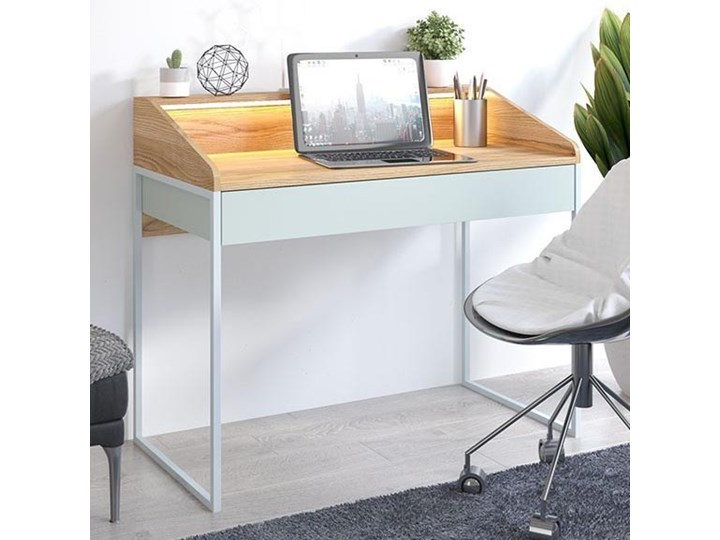 Nowoczesne biurko FINKA z oświetleniem / blat Jesion Górski, szuflada Pastel Green, stelaż szary Metal Płyta meblowa Głębokość 110 cm Głębokość 56 cm Styl Nowoczesny