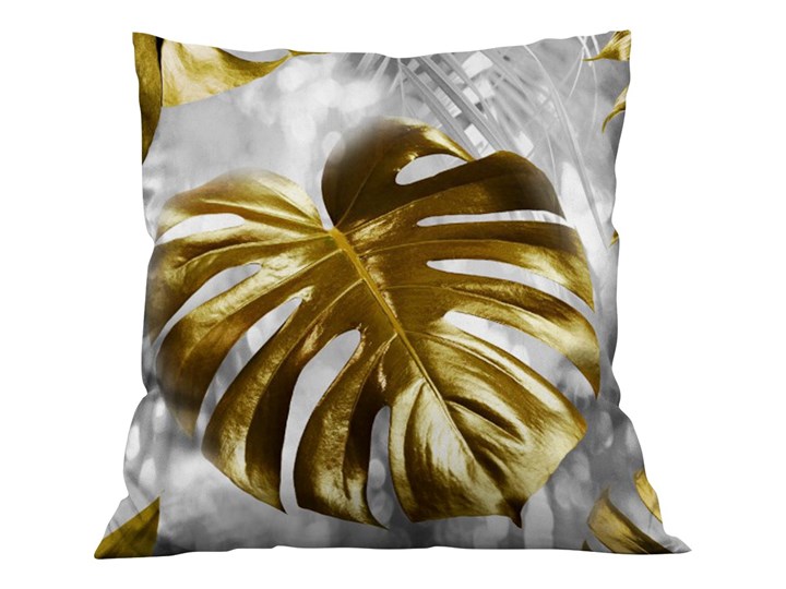 Poszewka dekoracyjna ZŁOTE LIŚCIE MONSTERA 3D SZARE-oxf Len Poliester 40x40 cm Kwadratowe 45x45 cm Kolor Złoty