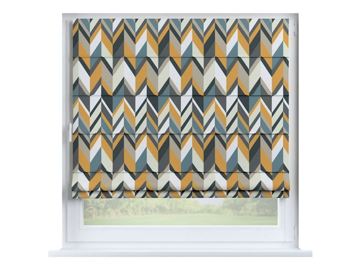 Roleta rzymska Capri, geometryczne wzory w żółto-niebiesko-bezowej kolorystyce, szer.80 × dł.170 cm, Vintage 70's Typ Roleta zaciemniająca Kolor Pomarańczowy