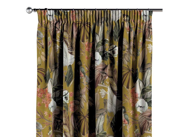 Zasłona na taśmie marszczącej 1 szt., kwiaty na musztardowym tle, 1szt 130 × 260 cm, Abigail Zasłona zaciemniająca Bawełna 130x260 cm Mocowanie Pomieszczenie Salon