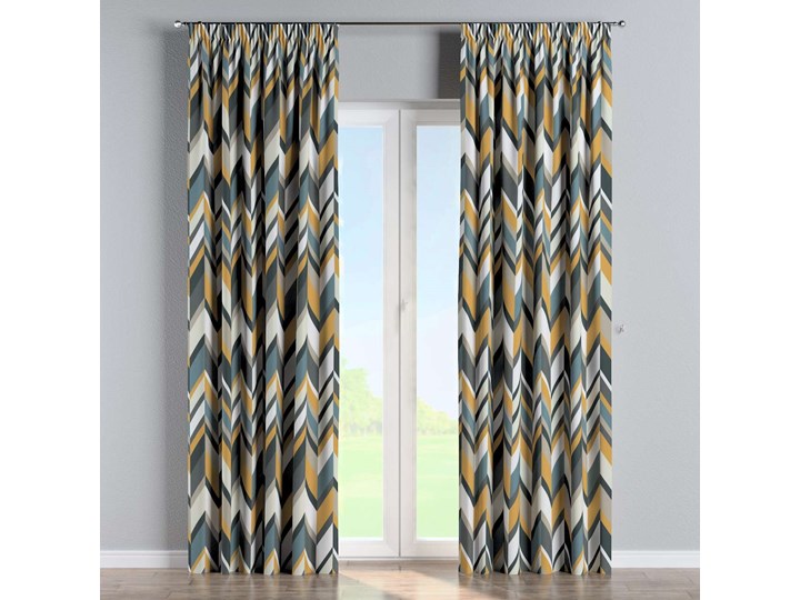 Zasłona na taśmie marszczącej 1 szt., geometryczne wzory w żółto-niebiesko-bezowej kolorystyce, 1szt 130 × 260 cm, Vintage 70's Bawełna 130x260 cm Poliester Pomieszczenie Salon