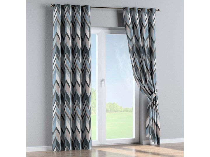 Zasłona na kółkach 1 szt., geometryczny wzór w niebiesko-beżowej kolorystyce, 1szt 130 × 260 cm, Vintage 70's Mocowanie Taśma 130x260 cm Poliester Bawełna Kategoria Zasłony