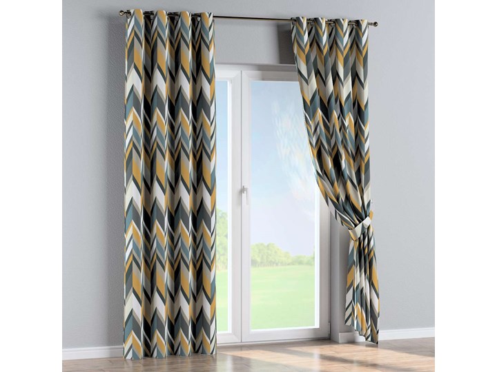 Zasłona na kółkach 1 szt., geometryczne wzory w żółto-niebiesko-bezowej kolorystyce, 1szt 130 × 260 cm, Vintage 70's 130x260 cm Poliester Bawełna Kategoria Zasłony