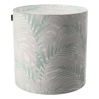 Puf Barrel, miętowo- szare liście palmy na białym tle , ø40, wys. 40 cm, Gardenia