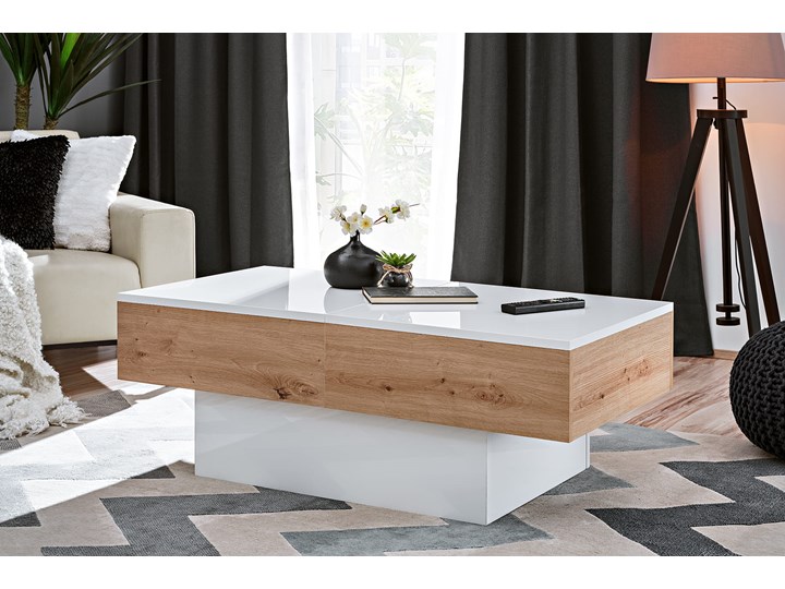 Stolik kawowy rozsuwany Slide dąb artisan & biały połysk - Meb24.pl Płyta meblowa Styl Nowoczesny Wysokość 40 cm Ława Wysokość 60 cm Kształt blatu Prostokątne