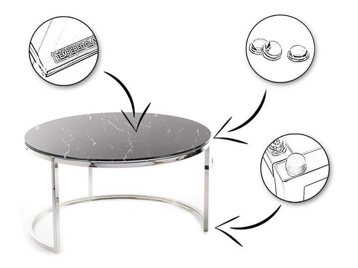 Komplet stolików Treze Silver Black Kolor Srebrny Wysokość 43 cm Stal Metal Zestaw stolików Szkło Kolor Czarny
