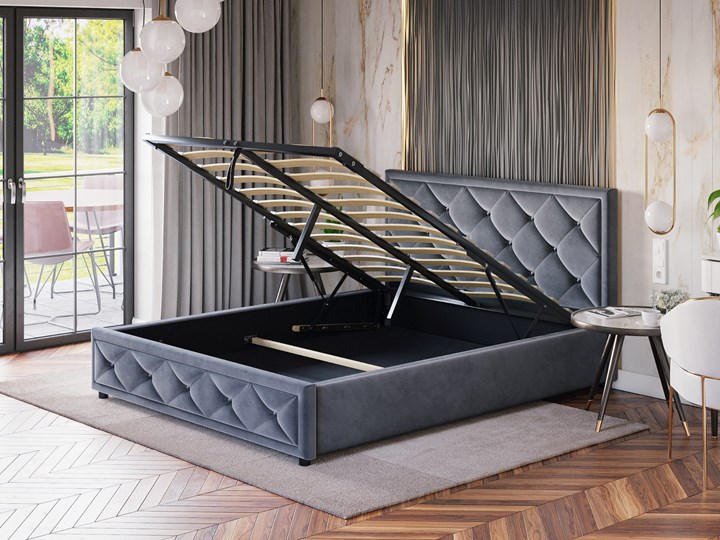 ŁÓŻKO SYPIALNIANE 160X200 Z POJEMNIKIEM LB-45 WELUR SZARY Metal Tkanina Łóżko pikowane Kategoria Łóżka do sypialni