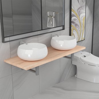VidaXL Trzyczęściowy zestaw mebli do łazienki, ceramiczny, dębowy