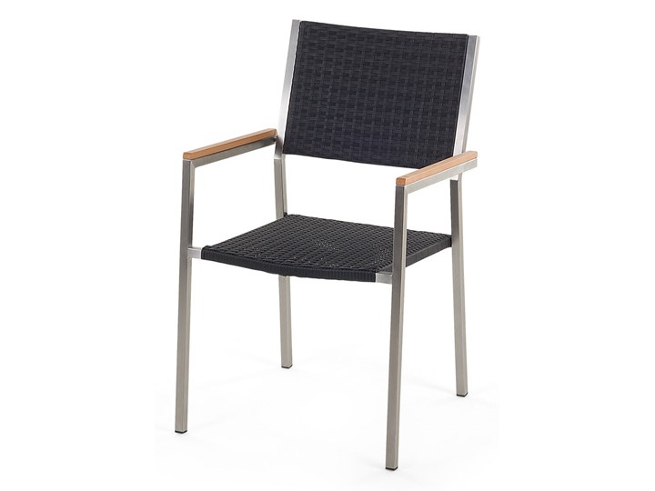 Beliani Zestaw mebli ogrodowych jadalniany szary stół granitowy polerowany 220 x 100 cm 8 czarnych krzeseł z technorattanu sztaplowanych Stal Stoły z krzesłami Zawartość zestawu Krzesła