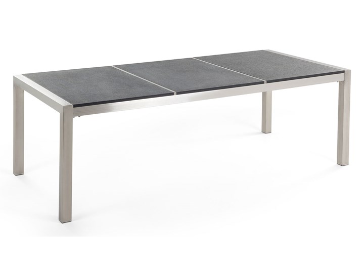 Zestaw mebli ogrodowych jadalniany szary stół granit/bazalt 220 x 100 cm 8 czarnych krzeseł z technorattanu sztaplowanych Stoły z krzesłami Stal Styl Nowoczesny