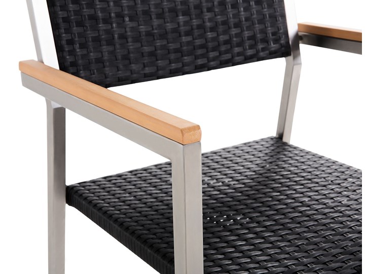 Zestaw mebli ogrodowych jadalniany szary stół granit/bazalt 220 x 100 cm 8 czarnych krzeseł z technorattanu sztaplowanych Stal Stoły z krzesłami Styl Nowoczesny Kolor Srebrny