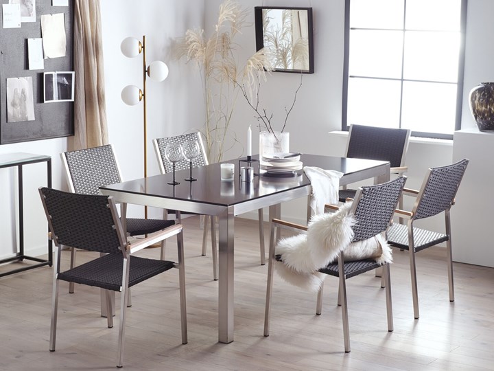 Zestaw mebli ogrodowych jadalniany czarny stół szkło hartowane 180 x 90 cm 6 krzeseł czarnych z technorattanu sztaplowanych Stoły z krzesłami Stal Kolor Szary Styl Nowoczesny