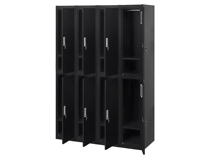 Szafa ubraniowa czarna metalowa 120 x 45 x 180 cm 4 x podwójne drzwi na kluczyk z półkami Kolor Czarny