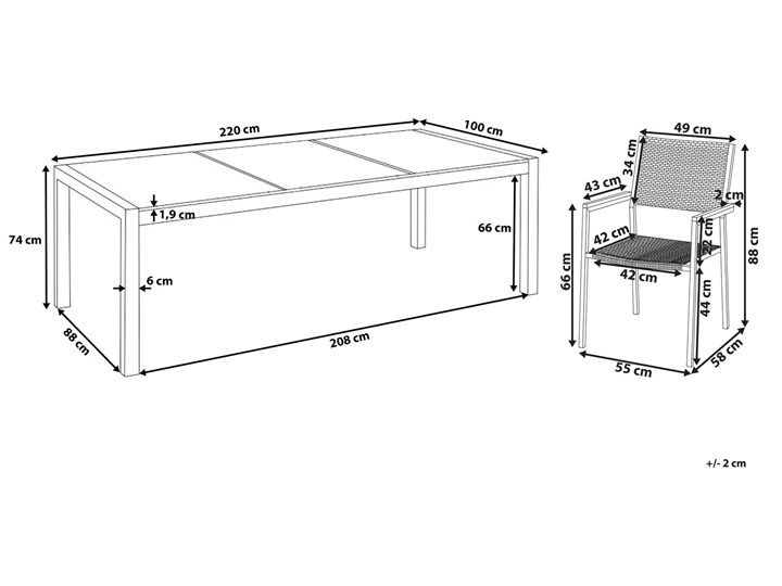Beliani Zestaw ogrodowy stół z krzesłami blat szkło hartowane efekt tłuczonego szkła 220 x 100 cm 6 krzeseł czarnych z technorattanu sztaplowanych Stal Stoły z krzesłami Kategoria Zestawy mebli ogrodowych