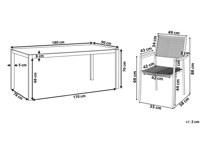Zestaw mebli ogrodowych jadalniany czarny stół szkło hartowane 180 x 90 cm 6 krzeseł czarnych z technorattanu sztaplowanych Zawartość zestawu Krzesła Stoły z krzesłami Stal Styl Nowoczesny