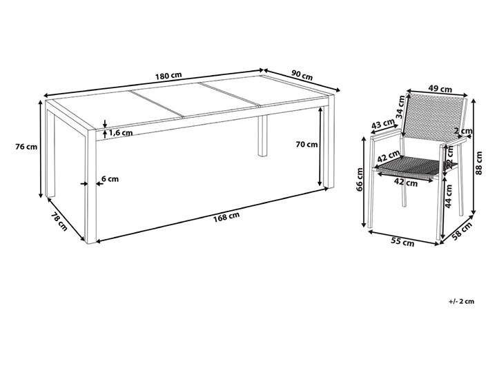 Zestaw mebli ogrodowych jadalniany czarny stół granit/bazalt 180 x 90 cm 6 krzeseł z technorattanu sztaplowanych Stal Stoły z krzesłami Kolor Szary