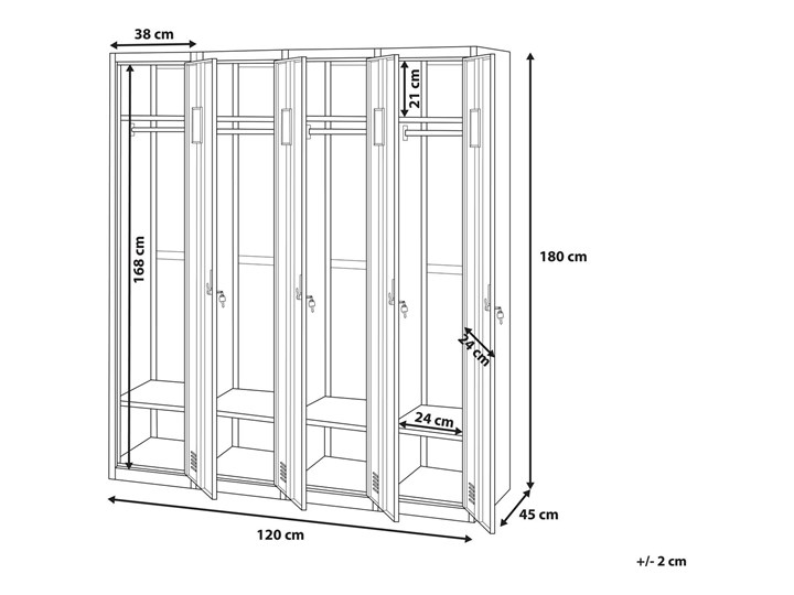 Szafa ubraniowa biała metalowa 120 x 45 x 180 cm 4 drzwi na kluczyk z półkami i drążkiem Uniwersalne Kolor Biały Pomieszczenie Biuro i pracownia