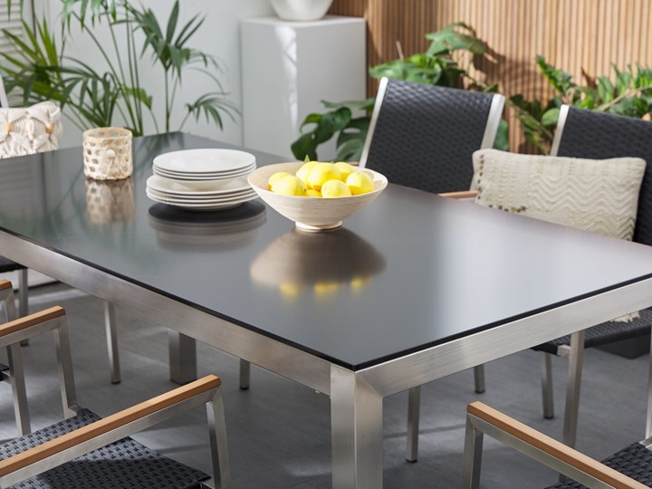 Zestaw mebli ogrodowych jadalniany czarny stół szkło hartowane 180 x 90 cm 6 krzeseł czarnych z technorattanu sztaplowanych Stal Kolor Szary Stoły z krzesłami Kategoria Zestawy mebli ogrodowych