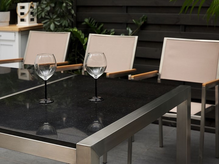 Zestaw mebli ogrodowych jadalniany czarny stół granit/bazalt 220 x 100 cm 8 krzeseł z technorattanu sztaplowanych Stoły z krzesłami Styl Nowoczesny Stal Kategoria Zestawy mebli ogrodowych