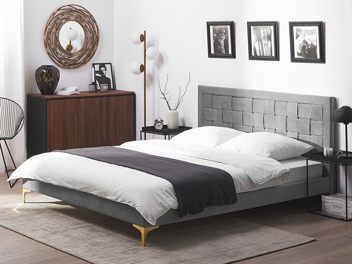 Łóżko welurowe szare 140 x 200 cm tapicerowane złote nóżki wezgłowie oparcie glamour nowoczesne Kolor Złoty Łóżko tapicerowane Kategoria Łóżka do sypialni