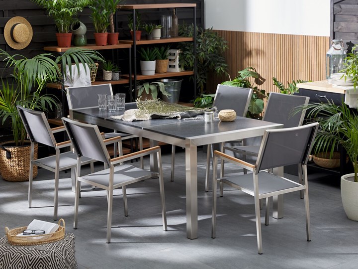 Zestaw mebli ogrodowych jadalniany czarny palony stół granit/bazalt 180 x 90 cm 6 krzeseł tekstylnych sztaplowanych Tworzywo sztuczne Stoły z krzesłami Stal Zawartość zestawu Krzesła
