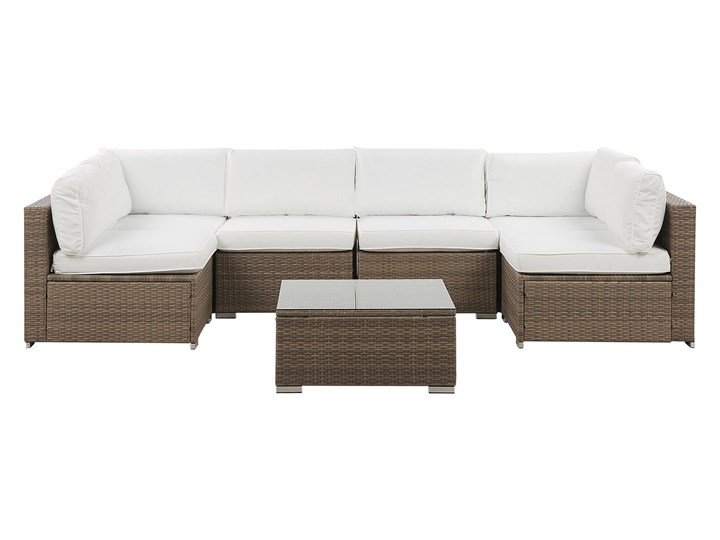 Zestaw mebli ogrodowych brązowy technorattan białe poduszki 6-osobowa sofa narożna stolik kawowy ze szklanym blatem Zestawy modułowe Aluminium Kolor Biały Zestawy wypoczynkowe Zestawy kawowe Zawartość zestawu Narożnik