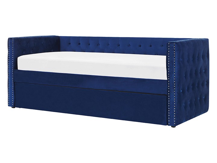Łóżko wysuwane niebieskie welurowe ze stelażem 90 x 200 cm dziecięce glamour guziki gwoździe tapicerskie Kategoria Łóżka do sypialni Łóżko tapicerowane Kolor Granatowy