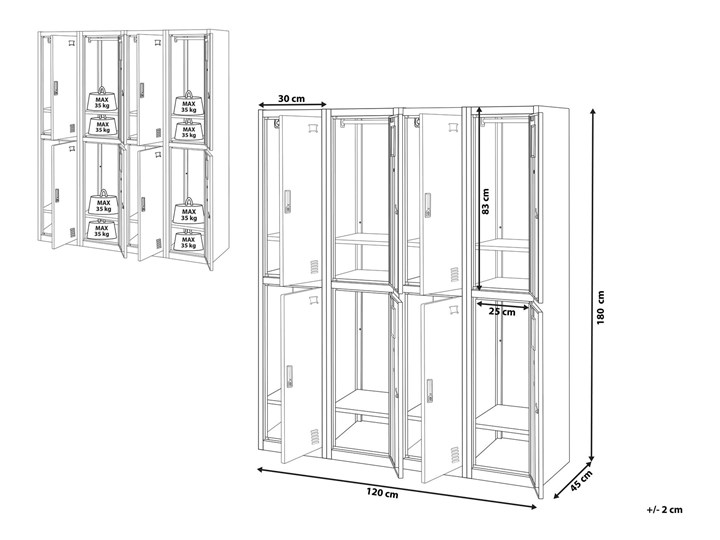 Szafa ubraniowa czarna metalowa 120 x 45 x 180 cm 4 x podwójne drzwi na kluczyk z półkami Kolor Czarny