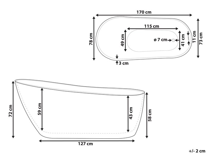 Wanna wolnostojąca biała akrylowa 170 x 78 cm system przelewowy owalna współczesna Wolnostojące Kolor Biały