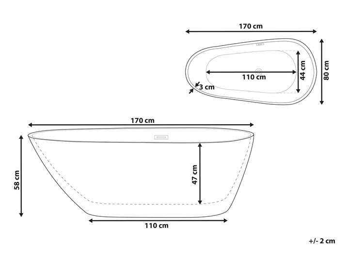 Wanna wolnostojąca biała akrylowa 170 x 80 cm owalna zaokrąglona nowoczesny design Wolnostojące Kolor Biały