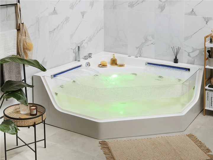 Wanna narożna biała LED hydromasaż system nowoczesna dla 2 osób Kolor Biały Akryl Stal Kategoria Wanny