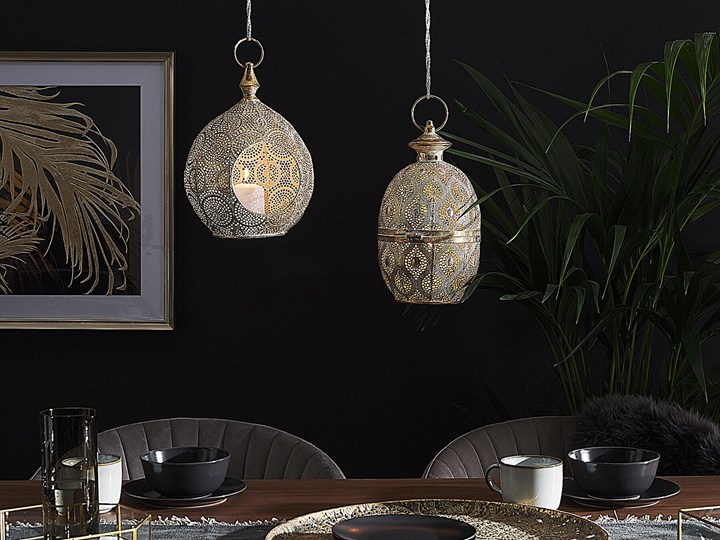 Beliani Lampion złoty metalowy 34 cm ze szklanym wkładem na świeczkę jajo orientalny ażurowy Szkło Kategoria Świeczniki i świece Kolor Szary
