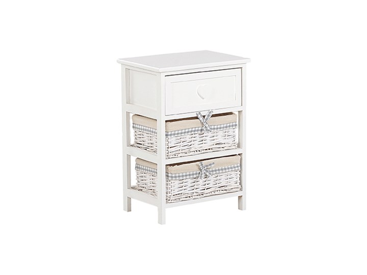 Szafka biało drewno MDF 58 x 40 cm szuflada i dwa plecione wiklinowe kosze z beżowa wyściółką stolik nocny do sypialni pokoju dziecięcego Płyta MDF Kolor Biały