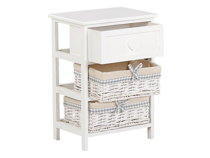 Szafka biało drewno MDF 58 x 40 cm szuflada i dwa plecione wiklinowe kosze z beżowa wyściółką stolik nocny do sypialni pokoju dziecięcego Płyta MDF Kolor Biały