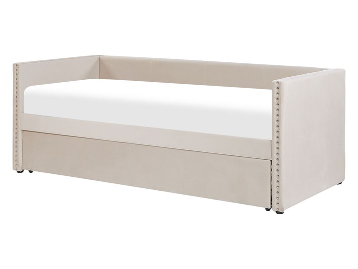 Łóżko wysuwane jasnobeżowe welurowe 80 x 200 cm ze stelażem leżanka ozdobne ćwieki glamour Łóżko tapicerowane Kolor Beżowy