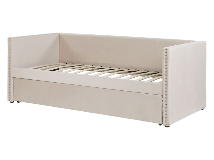 Łóżko wysuwane jasnobeżowe welurowe 80 x 200 cm ze stelażem leżanka ozdobne ćwieki glamour Kolor Beżowy Łóżko tapicerowane Kategoria Łóżka do sypialni